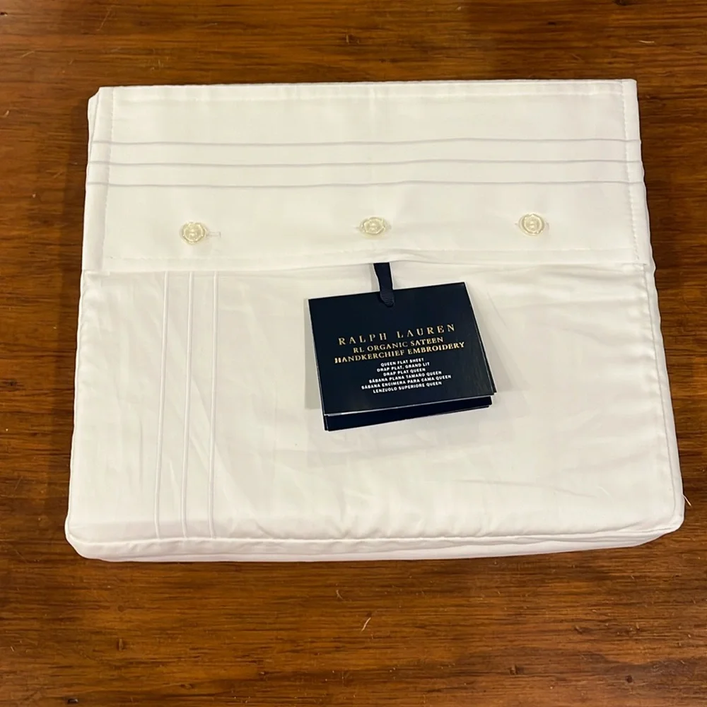 Ralph Lauren Organic Sateen Handkerchief Embroidery Queen Flat Sheet Studio Wht